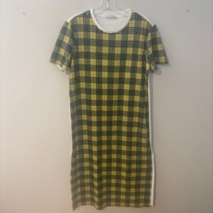 Zara Trafaluc Midi T-Shirt Dress Womens M Yellow Plaid Sequin Embellished Knit